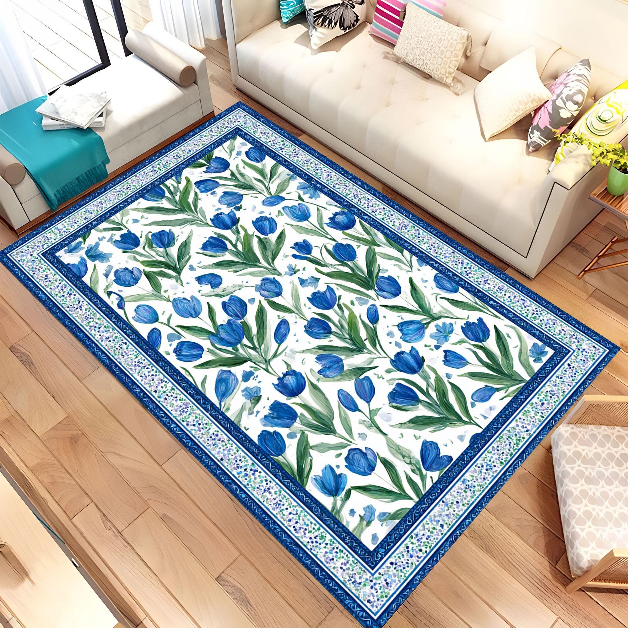 USA RUG / チューリップ柄 Blue Tulip Area Rug, Turkish Floral Carpet, Iznik Tile Inspired