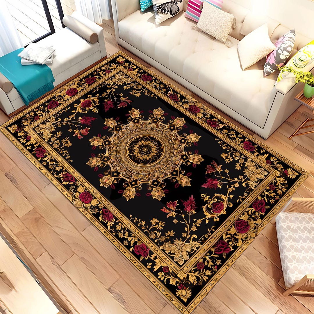 Luxury Black and Gold Rug, Baroque Style Carpet, Elegant Floral Mandala ...