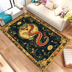 Alfombra oriental con dragón, alfombra china vintage, decoración bohemia, regalo para el hogar con temática de dragón, alfombra única para sala de estar, idea de regalo de Navidad