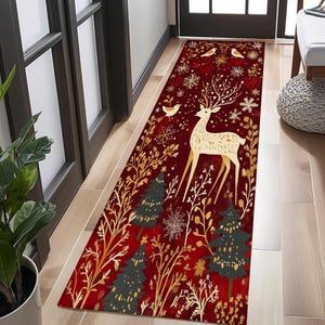 Christmas Runner Rug, Red Merry Rug, Deer Pattern Rug, Red and White ...