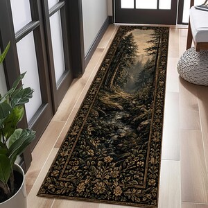 Alfombra de pasillo con paisaje de bosque vintage, alfombra rústica con sendero natural, alfombra botánica oscura con motivos de bosque, decoración para el hogar estilo cabaña, alfombra con paisaje de arroyo.