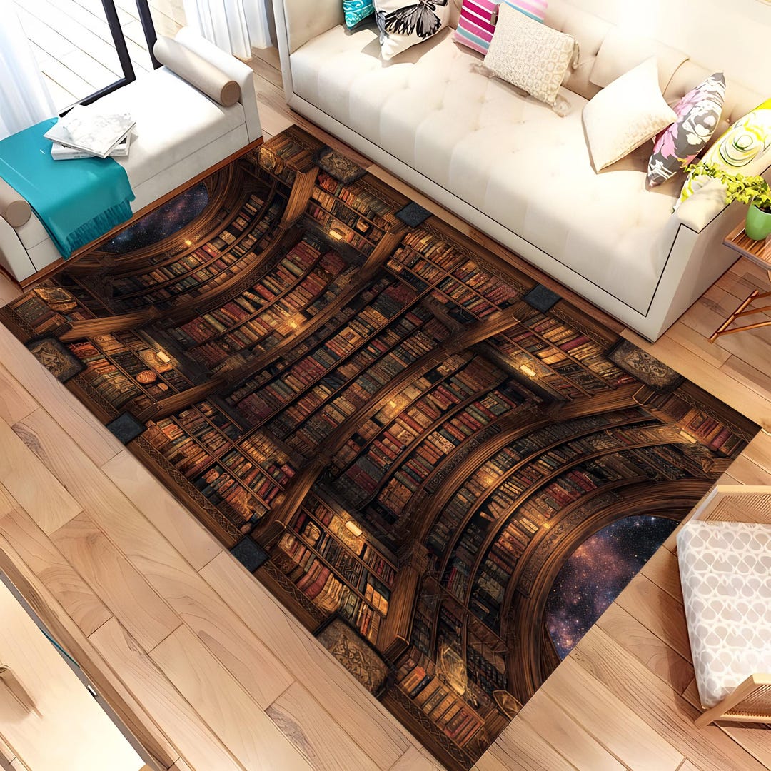 Fantasy Library Area Rug, Magical Bookshelf Floor Rug, 3D Library ...