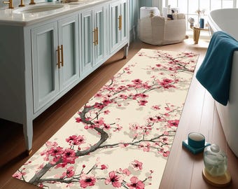 Cherry Blossom Runner Rug – Japanese Sakura Floral Carpet, Elegant Beige Hallway Decor, Runner, Runner Rug, Hallway Rug, Area Rug