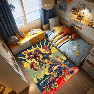 Skater Dog Rug, Urban Street Art Carpet, Pop Art Neon Wolf Area Rug, Cool Skateboard Gamer Room Decor, Punk Graffiti Style Floor Mat