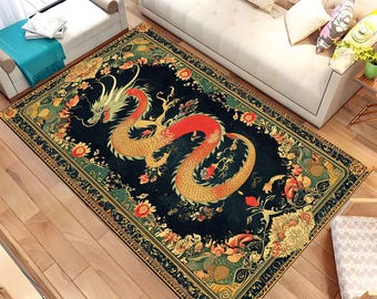 Orientalisk drakmatta, vintage kinesisk matta, boho golvdekor, draktema hempresent, unik vardagsrumsmatta, julklappsidé