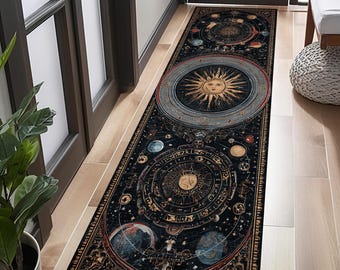 Dywanik z motywem astrologii niebiańskiej, dywan ze słońcem i księżycem, dywanik do korytarza z motywem kosmicznego zodiaku, dekoracja w stylu gotyckiej wiedźmy, mistyczny dywanik z horoskopem, dywanik