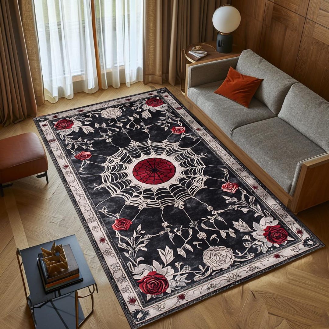 Gothic Spiderweb Area Rug, Dark Aesthetic Rose Carpet, Victorian Horror ...