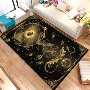 Drachenteppich, Luxusteppich, Teppich in Gold und Schwarz, Tarotkartenteppich, Wohnzimmerteppich, Geschenk für sie, Dekoteppich, Wohndekor