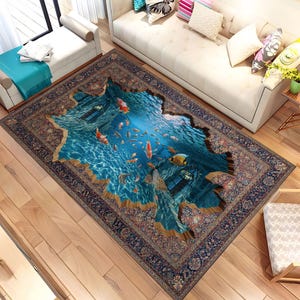 May include: A rectangular area rug featuring a traditional dark blue and red ornate border surrounding a central 3D-effect graphic of a deep blue underwater scene with swimming koi fish and stone architectural elements.