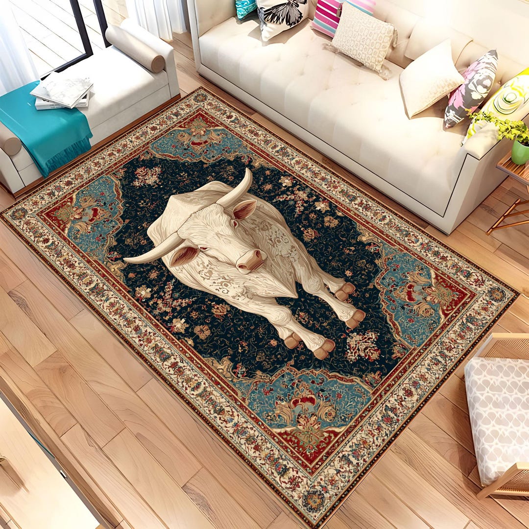 Vintage Bull Rug, Oriental Boho Area Carpet, Unique Animal Design ...