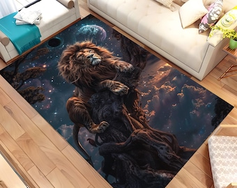 Lion Rug, Lion Pattern Rug, Animal Rug, Moon Rug, Sky Rug, Living Room Rug, Gift For She, Decor Rug, Area Rug, Cool Rug, Custom Rug