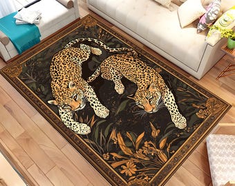 Wohnzimmerteppich mit Leoparden-Thema, Tierdruckteppich für Wildtierliebhaber, gemütlicher Leopardendekor-Akzent, lebendiger Wildtierteppich für Wohnkultur