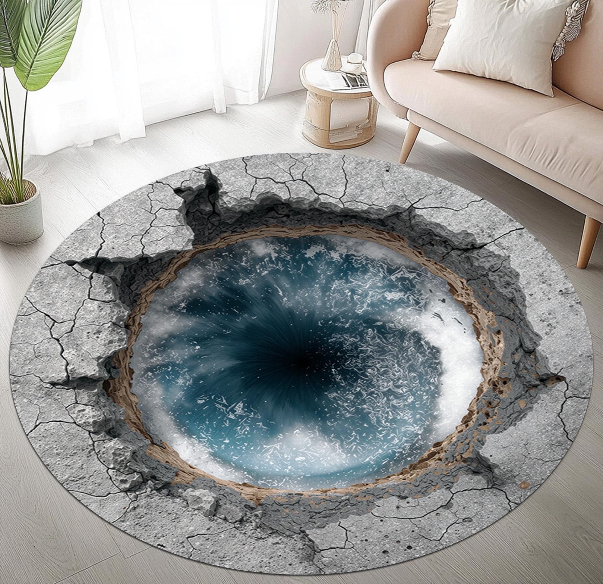 3D Abyss Round Rug, Illusion Sinkhole Carpet, Ocean Vortex Floor