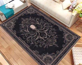Gotisch octopustapijt, donker fantasie krakend tapijt, vintage zwart gotisch tapijt, huisdecor mythisch zeedier, donker esthetisch vloerkleed
