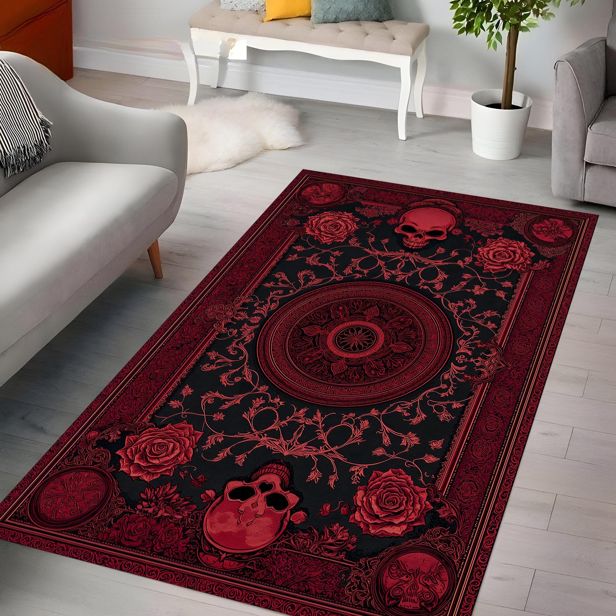 Punk Rugs Gothic Skull Rug, Dark Rose Carpet, Alternative Aesthetic Floor Mat ...