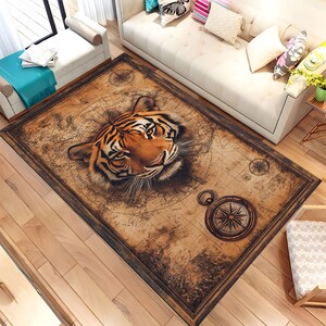 Tiger Teppich, Kompass Teppich, 3D Teppich, Retro Karte Kompass, Tier Teppich, Dekor, Teppich, Teppich, Weicher Teppich, Geschenk für Sie