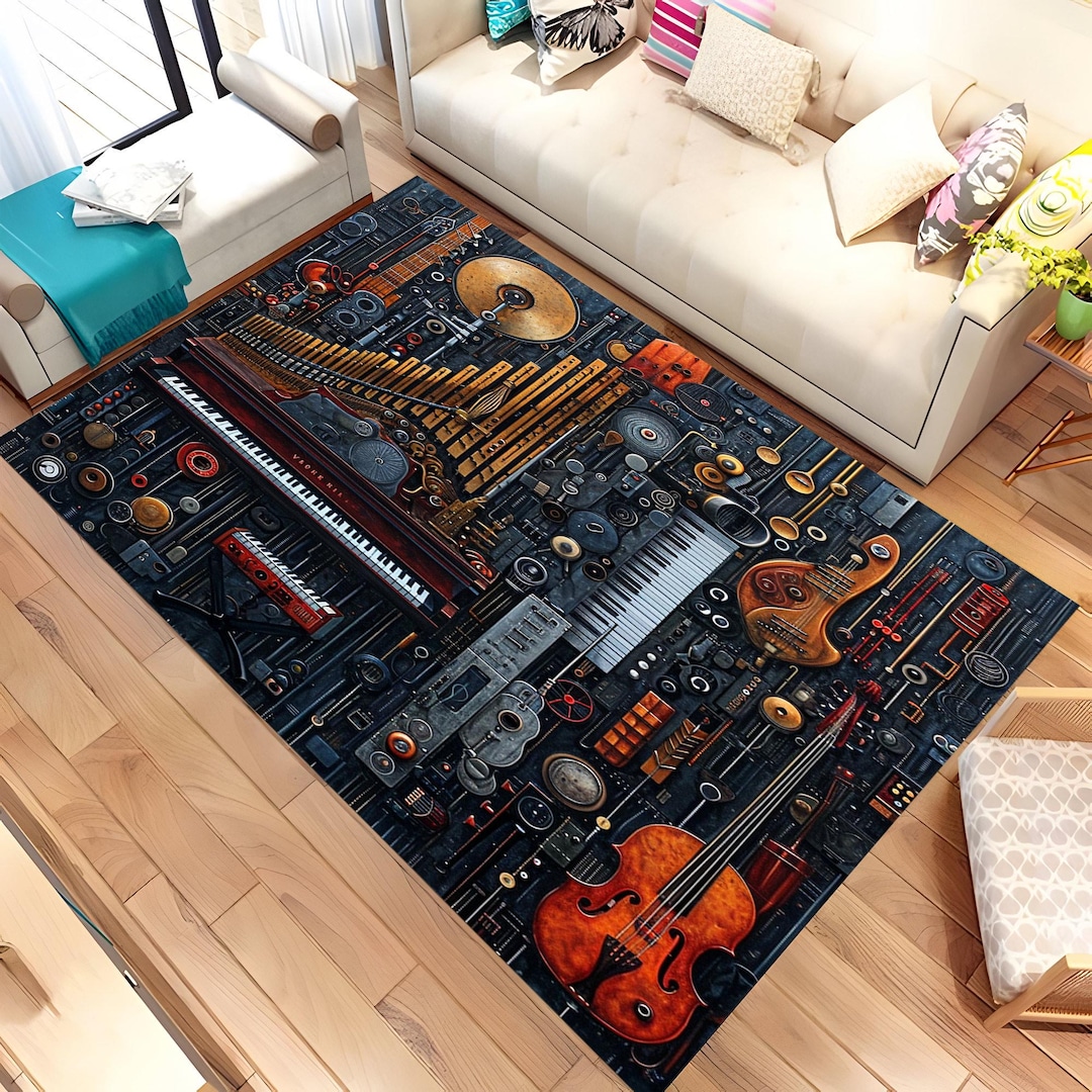 Musical Instrument Rug Steampunk Music Instrument Rug – Artistic Area Carpet With Piano ...