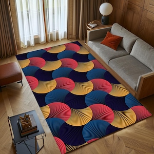 Abstract Geometric Area Rug: Colorful Mid-Century Modern Circle Pattern