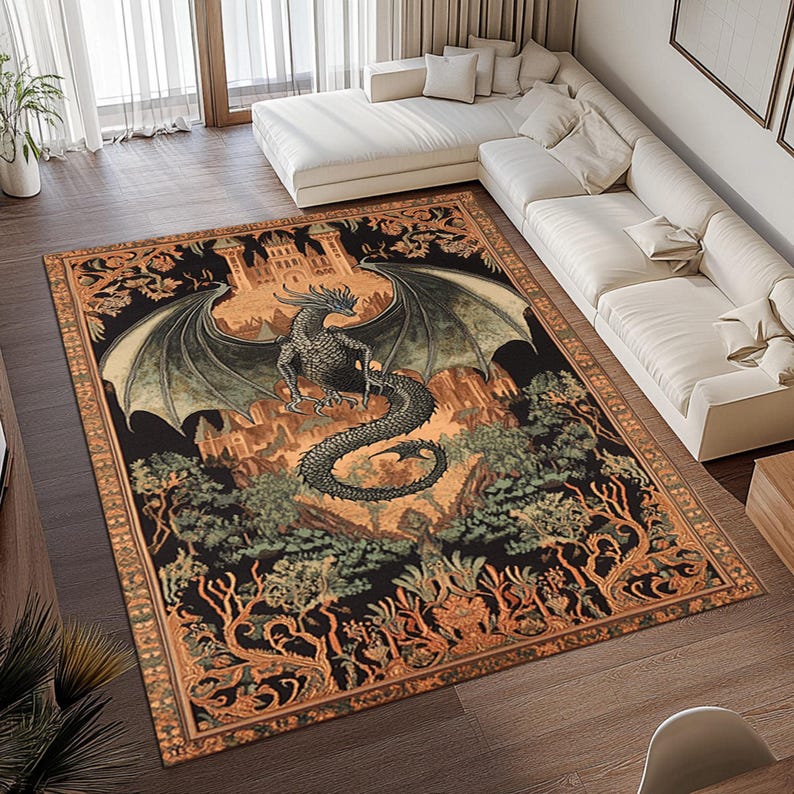 Medieval Area Rug Dragon Castle Area Rug, Gothic Medieval Fantasy Decor, Black and Gold ...