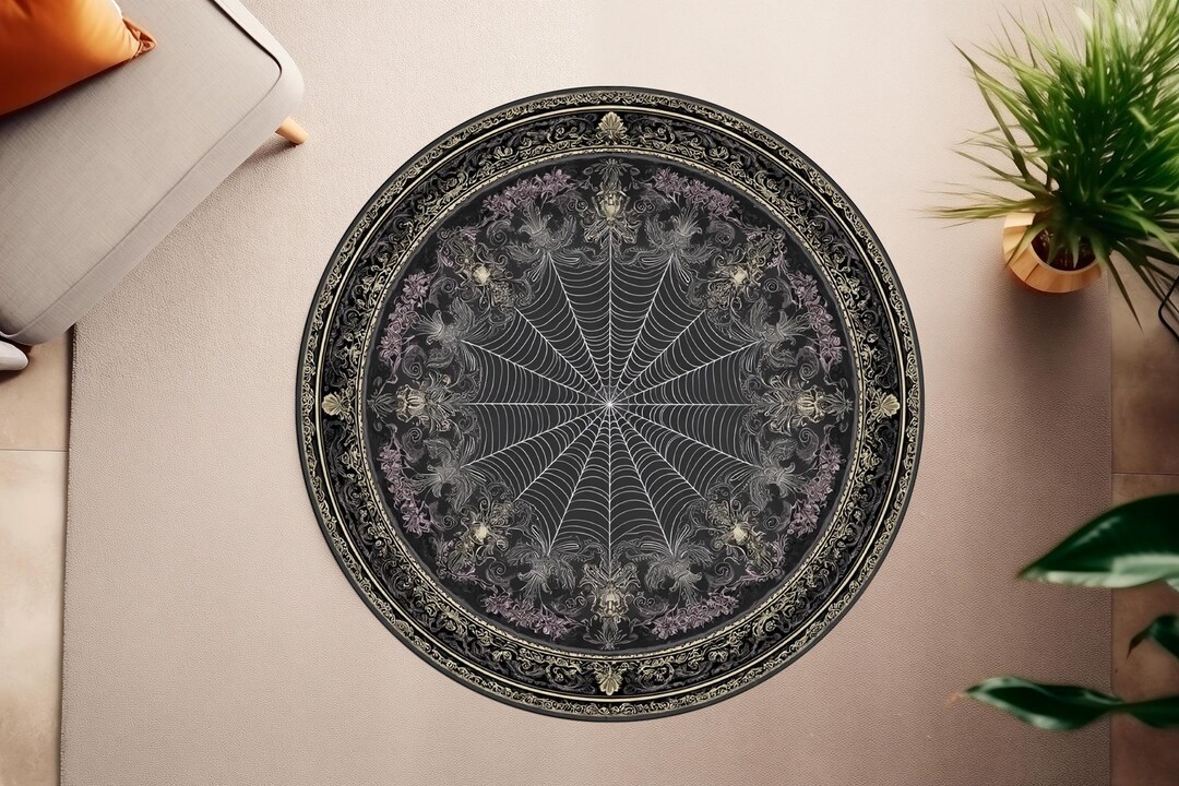 Gothic Spider Web Round Rug, Black Gold Halloween Rug, Witchy Gothic ...
