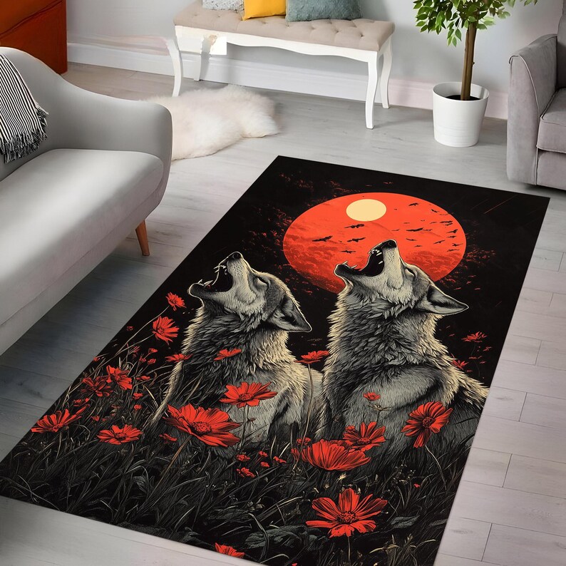 Wolf Rug Drawing Personalized Wolf Howling at Moon Area Rug: Nature-themed Home Decor - Etsy