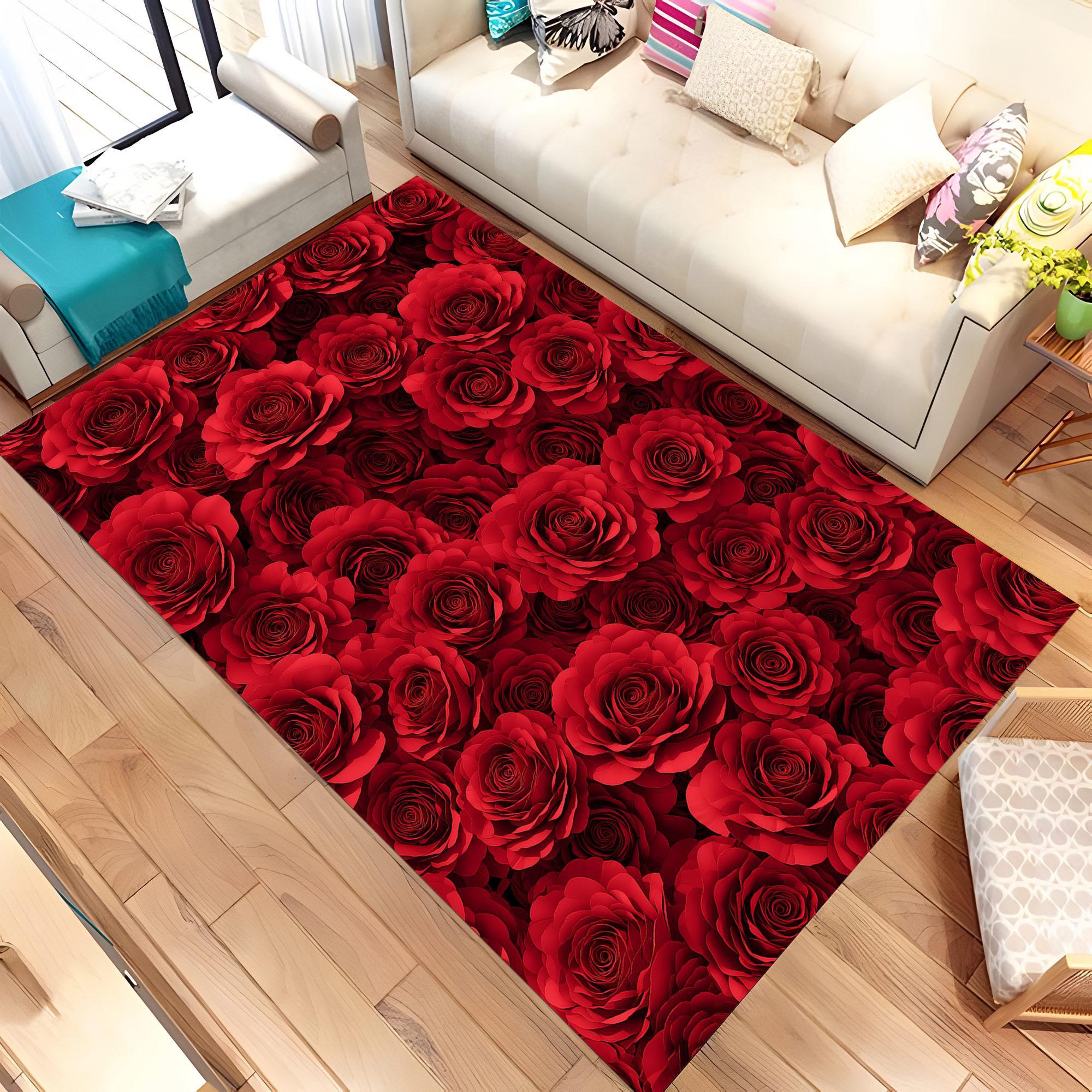 赤色花柄ラグ 約190cm x 190cm レッドローズエリアラグ、ロマンティックな花柄カーペット、寝室用大胆