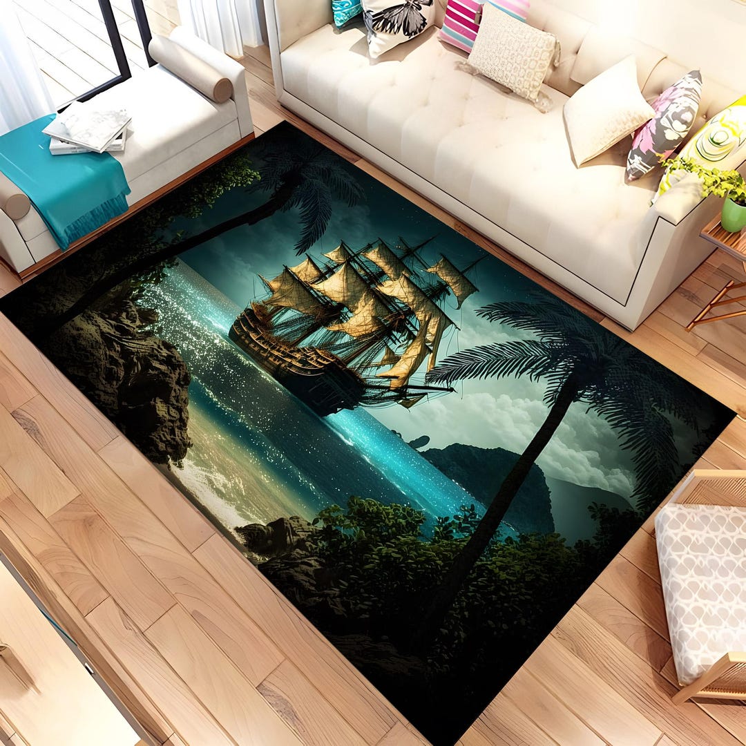 Pirate Rug Texture Pirate Ship Rug, Ship Rug, Vintage Pirate Ship Rug, Living Room Rug ...