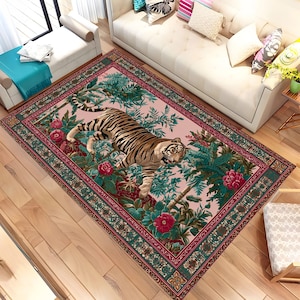 Tiger Rug, Exotic Jungle Carpet, Oriental Animal Area Rug, Tropical Floral Living Room Decor, Bohemian Safari Tiger Carpet, Area Rug