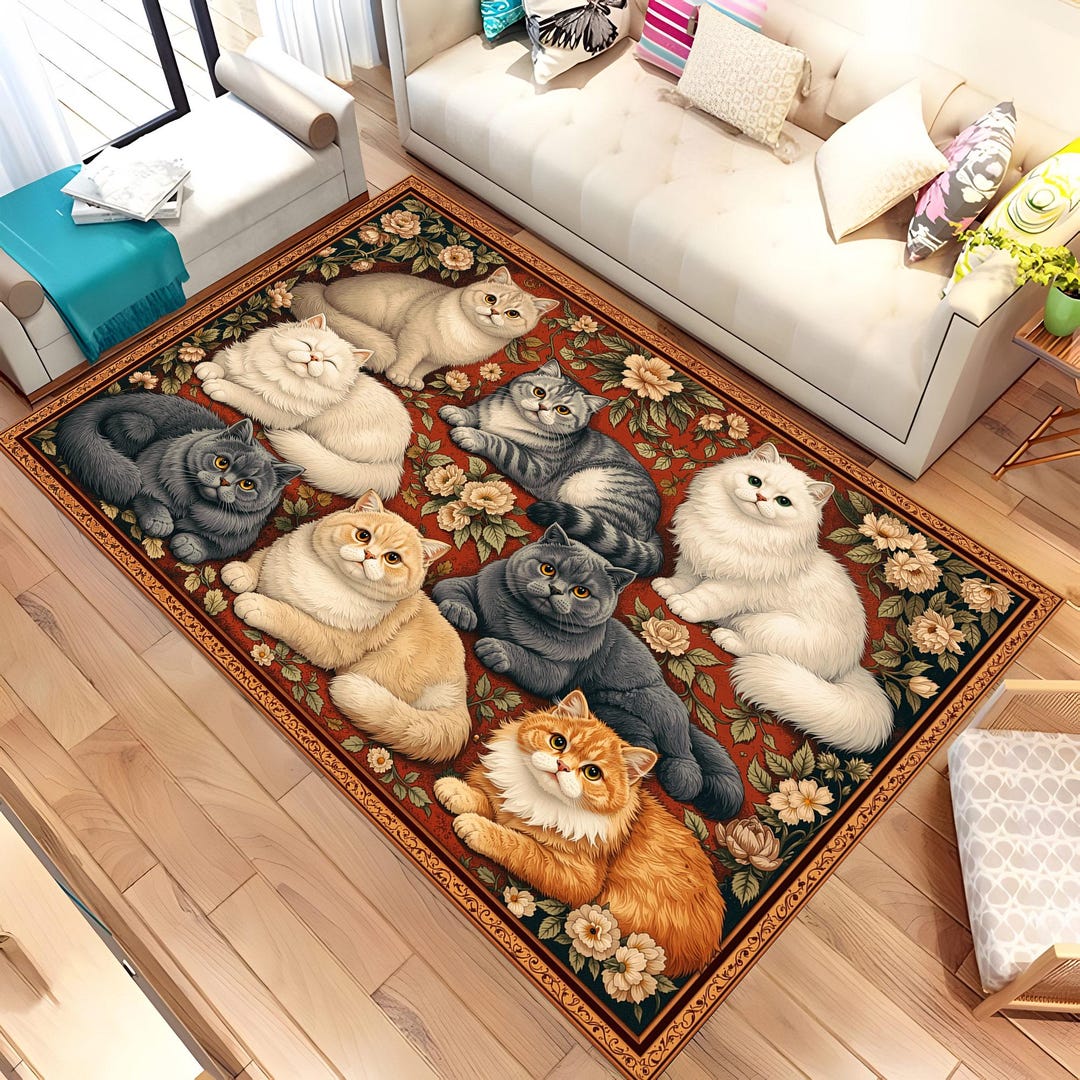Vintage Cat Art Rug, Cute Sleeping Cats Floral Area Carpet, Cozy Animal ...