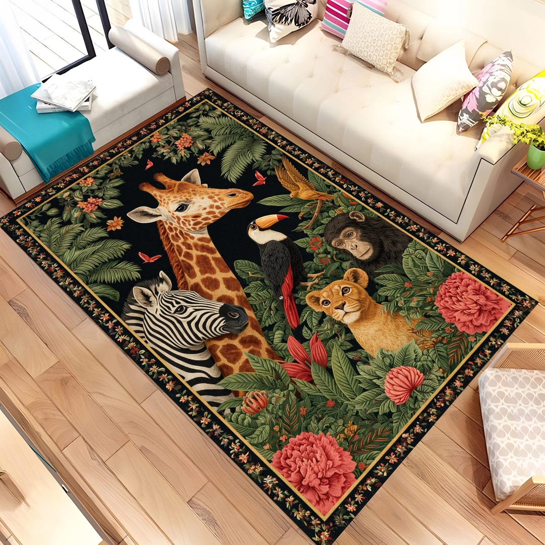 Safari Animal Rug, Jungle Nursery Area Rug, Giraffe Zebra Lion Monkey ...