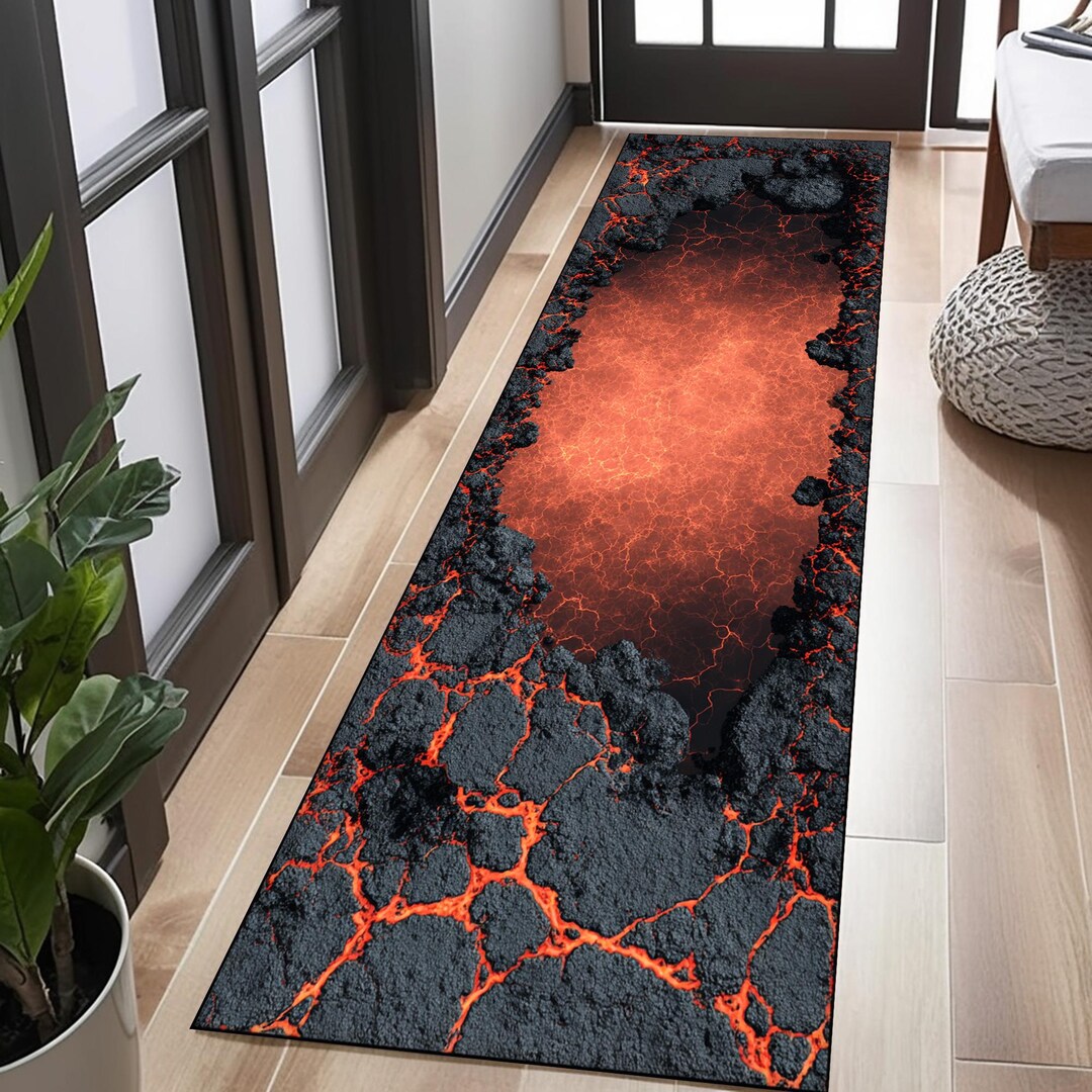 Lava Crack Runner Rug, Molten Floor Illusion Carpet, Fire Magma Hallway ...