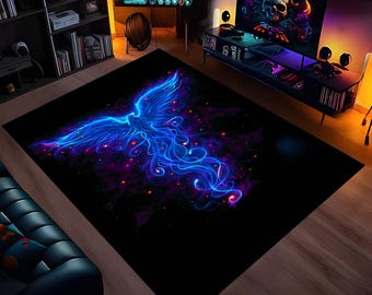 Phoenix Rug, Gaming Rug, Area Rug, Neon Rug, Colorful Rug, Gaming Room Decor, Rugs For Gaming Room, Neon Look Rug, Rugs For Living Room
