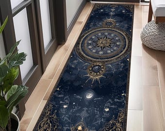 Dywan z motywem zodiaku, dywan z niebiańskim kompasem, ciemnoniebieski mistyczny dywan do przedpokoju, astralny dywan w stylu vintage, gotycki kosmiczny wystrój domu