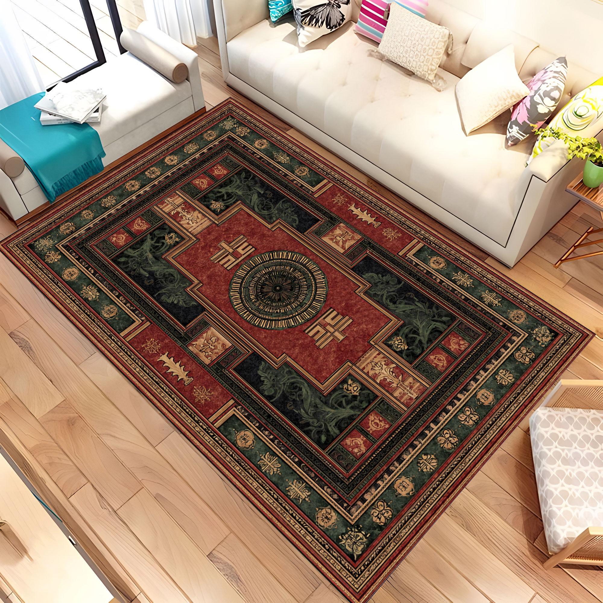 Oriental Compass Area Rug, Asian Mandala Style Carpet, Red Green