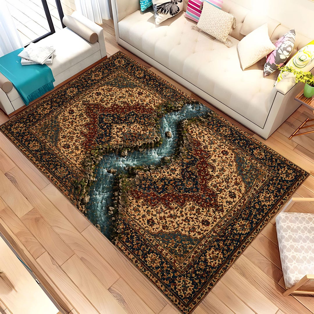 River Crack Persian Rug, 3D Water Illusion Carpet, Nature Inspired Area ...