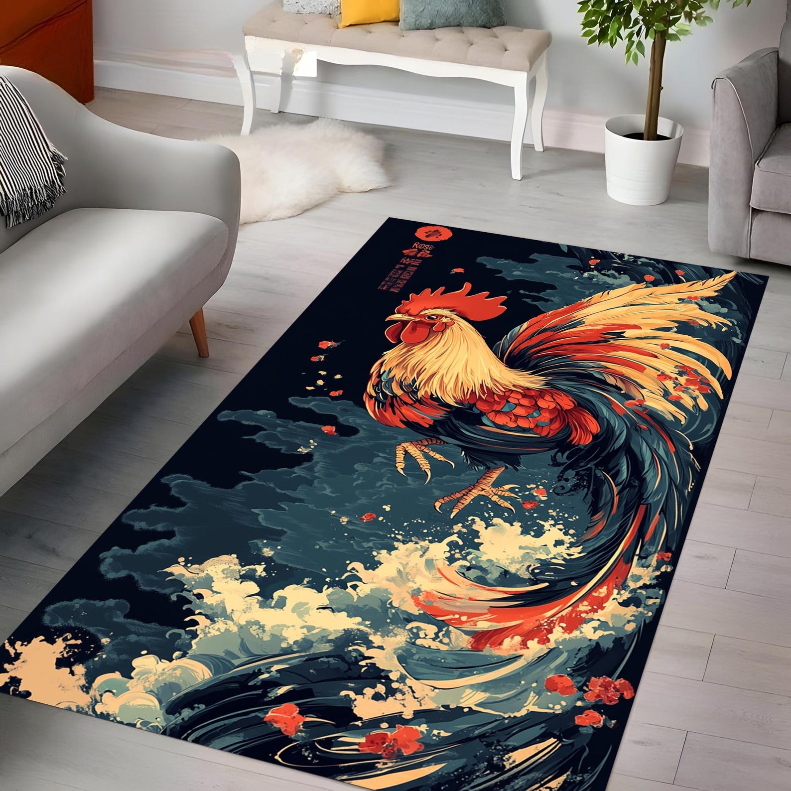 Red Rooster Rug, Rooster Rug, Rooster Pattern Rug, Animal Rug, Area Rug ...