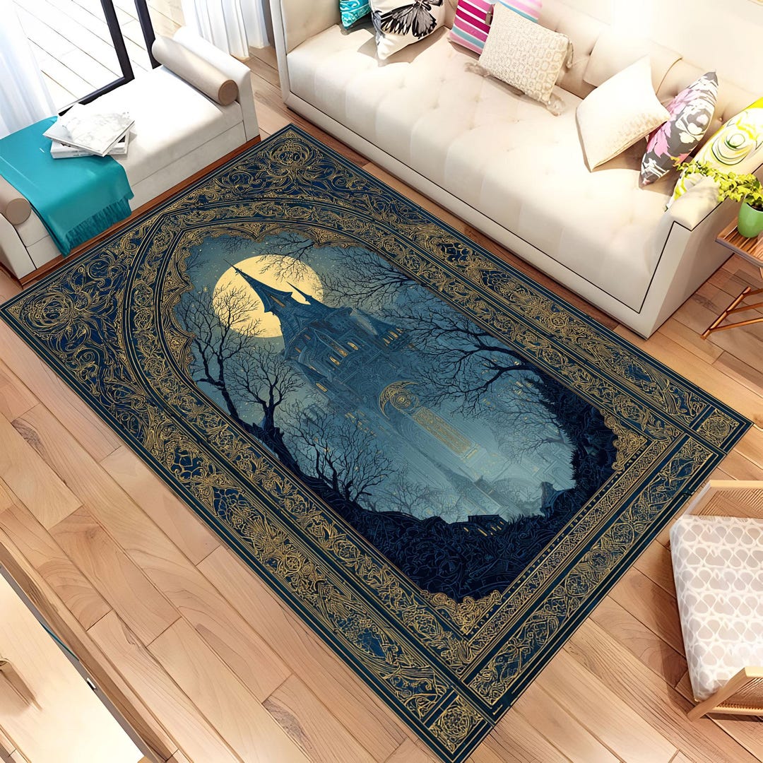 Fantasy Rug Collection Gothic Castle Moon Rug, Dark Fantasy Area Rug, Medieval Night Castle ...