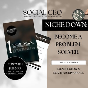 Może przedstawiać: Cyfrowy przewodnik po produkcie zatytułowany "Niche Down: Become a Problem Solver." Przewodnik jest częścią serii "Step-by-Step 10x Your Business Series." Przewodnik jest dostępny do pobrania natychmiastowo i zawiera prawa do prywatnej marki i odsprzedaży.