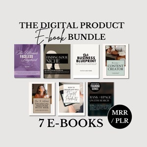 Puede incluir: Un paquete de siete libros electrónicos de productos digitales a la venta. Los libros electrónicos cubren temas como encontrar tu nicho, crear un plan de negocios, convertirte en creador de contenido, lograr la libertad financiera con MRR y clasificar en el puesto número uno en la búsqueda de Etsy. Los libros electrónicos están etiquetados como MRR/PLR.