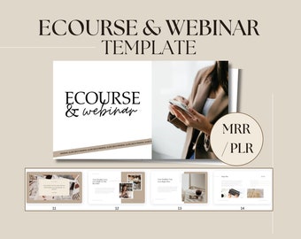 Könnte beinhalten: Eine digitale Produktvorlage für einen E-Kurs oder ein Webinar. Die Vorlage verfügt über ein minimalistisches Design mit einem beigefarbenen Hintergrund und schwarzem Text. Der Text "Ecourse & Webinar Template" wird oben im Bild angezeigt. Der Text "Ecourse & Webinar" wird in einer handschriftlichen Schriftart in der Mitte des Bildes angezeigt. Der Text "MRR/PLR" wird in einem Kreis unten rechts im Bild angezeigt. Das Bild enthält auch eine Vorschau der Vorlage, die eine Reihe von Folien mit Bildern und Text zeigt.