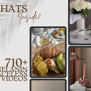 Puede incluir: Un collage de cuatro im&aacute;genes con escenas de bodeg&oacute;n. La primera imagen muestra un croissant, panal de miel y una pera sobre una superficie blanca. La segunda imagen muestra una taza de t&eacute; blanca y un platillo sobre una mesa blanca con flores blancas en un jarr&oacute;n. La tercera imagen muestra una vela encendida en un candelabro con flores rosas sobre una mesa blanca. La cuarta imagen muestra una taza de t&eacute; blanca y un platillo sobre una mesa blanca con un jarr&oacute;n blanco y flores. El texto "WHATS Inside?" est&aacute; en la esquina superior izquierda de la imagen. El texto "710+ MELANIN FACELESS VIDEOS" est&aacute; en la esquina inferior izquierda de la imagen.