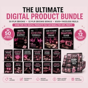 May include: A digital product bundle featuring 50 PLR ebooks, 12 bonus PLR ebooks, and 6500+ faceless reels. The graphic displays book covers with titles like Digital Wealth Blueprint, The Faceless Formula, and How to Make Money Online in pink and black.