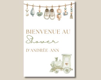 Personalized Baby Shower Welcome Poster | Watercolour Train & Baby Theme | Sage Green