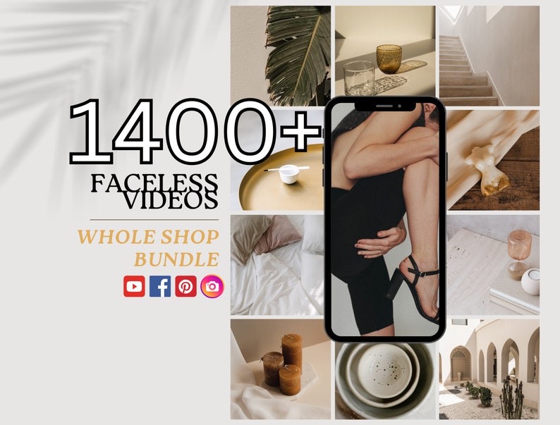Puede incluir: Un collage de im&aacute;genes que presentan una variedad de elementos de estilo de vida y dise&ntilde;o de interiores, incluyendo una mujer con pantalones cortos negros y sandalias, una bandeja dorada con un taz&oacute;n blanco, un vaso de agua, una escalera, una superficie de madera con un objeto dorado, una superficie blanca con una vela y una superficie blanca con un taz&oacute;n. El texto "1400+ Faceless Videos Whole Shop Bundle" se muestra en la esquina superior izquierda de la imagen. Los iconos de redes sociales para YouTube, Facebook, Pinterest e Instagram se muestran debajo del texto.