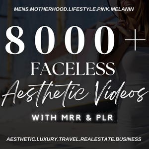 Könnte beinhalten: Ein Schwarzweißbild mit dem Text "8000+ Faceless Aesthetic Videos with MRR & PLR" und dem Text "AESTHETIC.LUXURY.TRAVEL.REALESTATE.BUSINESS" unten. Das Bild zeigt eine Person, die Einkaufstaschen hält.