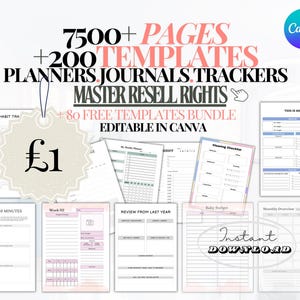 Può includere: Un elenco di prodotti digitali per oltre 7.500 pagine di planner, diari e tracker. L'elenco include 200 modelli e 80 modelli gratuiti. Il prodotto è modificabile in Canva e include i diritti di rivendita principali. Il prezzo è di 1 £.