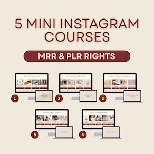 Pode incluir: Um gráfico digital com o texto 5 MINI INSTAGRAM COURSES e MRR & PLR RIGHTS. Abaixo, cinco ícones de monitores de computador numerados exibem módulos de cursos intitulados Instagram Strategies, Hashtags, Keywords & SEO, Understanding the Algorithm, Creating Viral Content e Audit Your Instagram.