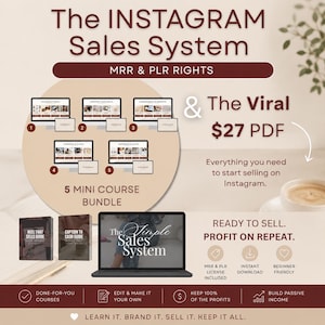 Puede incluir: El paquete de productos digitales The Instagram Sales System incluye cinco minicursos, una guía PDF viral de $27 y dos guías adicionales tituladas Reel That Sells y Caption to Cash. Incluye derechos MRR y PLR, descarga instantánea y archivos editables.
