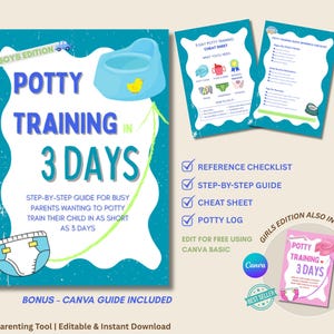 Könnte beinhalten: Digitaler Ratgeber zum Töpfchentraining mit dem Text "Potty Training in 3 Days" und "Boys Edition". Enthält eine Referenzcheckliste, eine Schritt-für-Schritt-Anleitung, ein Cheat Sheet und ein Töpfchenprotokoll. Ein Canva-Bonus-Guide ist enthalten.