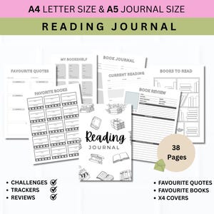 May include: A reading journal with pages for book reviews, favourite quotes, and tracking reading progress. The journal includes pages for challenges, trackers, and reviews. The cover features the text "Reading Journal" and book illustrations. Available in A4 and A5 sizes.